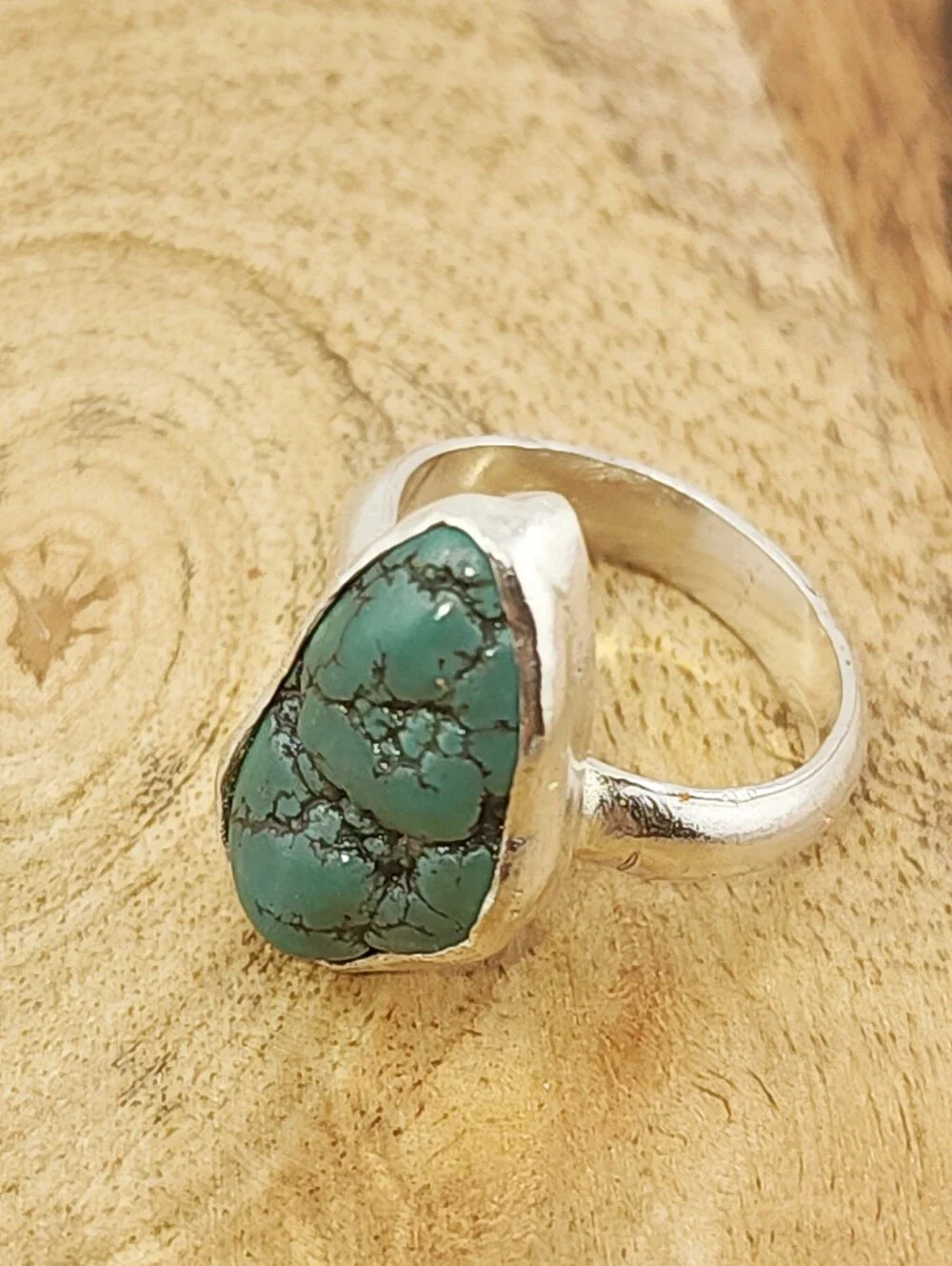 TURQUOISE BOHEMIAN RING HANDMADE IN STERLING RECYCLED METAL SIZE 8 GENUINE STONE